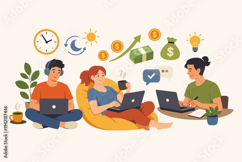 Young diverse people working from home with flexible hours and earning money, flat vector illustration of remote workers using laptops in a comfortable home office with time and profit icons.