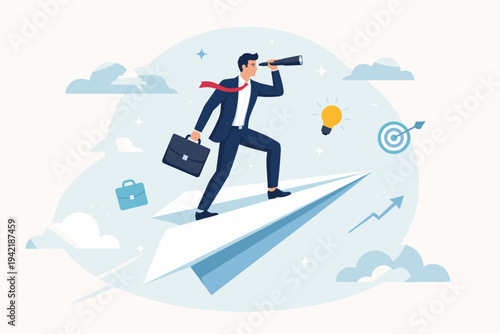 Businessman Flying on a Paper Plane Searching for New Opportunities with a Telescope. Visionary Leader Looking for Future Success, Innovation, and Career Growth. Flat Vector Illustration.