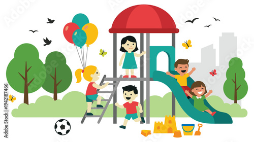 Happy children playing on playground structure with slide and balloons