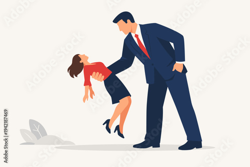 Giant Businessman Holding a Small Woman Representing Corporate Power Imbalance, Workplace Inequality, Gender Gap, Professional Domination, and Control in a Simple Flat Vector Illustration Style