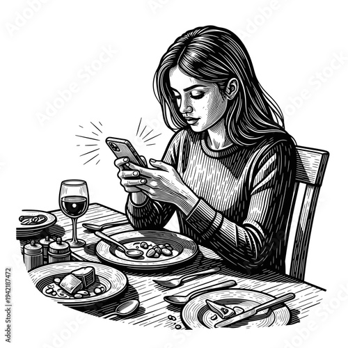 Young Woman Distracted by Her Smartphone at the Dinner Table, Ignoring Her Meal