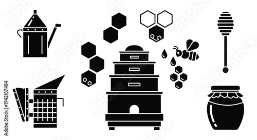 Beekeeper tools, honey jar, and honeycomb cells displayed with a flying bee.