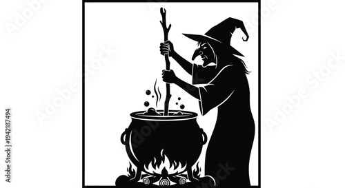 Witch silhouette stirring magical potion in a large cauldron over an open fire.