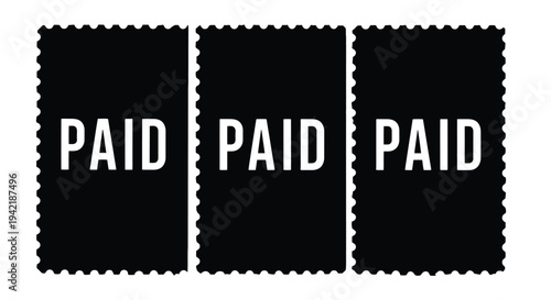 Three black postage stamp rectangles featuring the word paid in white capital letters.