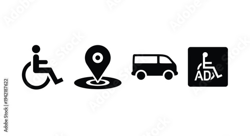Accessibility icons feature wheelchair location pin transport van and ADA compliance.