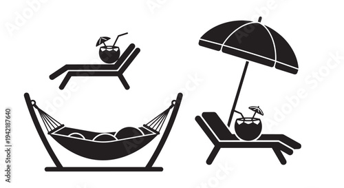 Beach relaxation illustration with chaise lounge and umbrella in simple graphic style