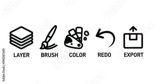 Graphic design software workflow icons show layer brush color redo and export.