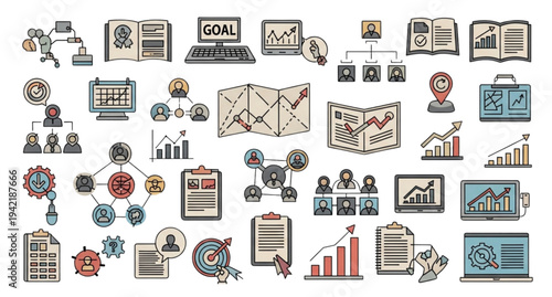 A collection of business strategy icons and illustrations in a flat, minimal design style