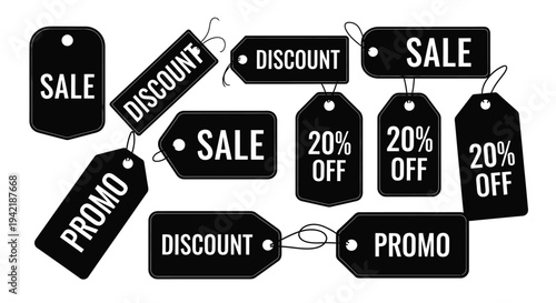 Collection of black retail price tags featuring various promotional words like sale.
