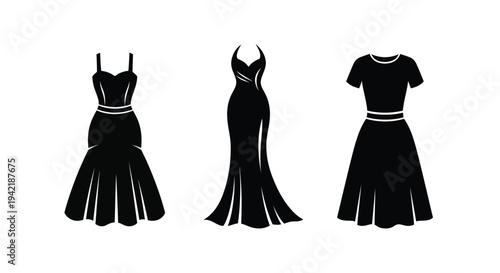 Assortment of three elegant black female evening gowns showing different silhouettes.