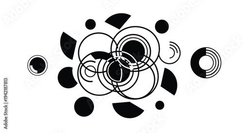 Abstract circular geometric shapes cluster together creating a dynamic pattern element.