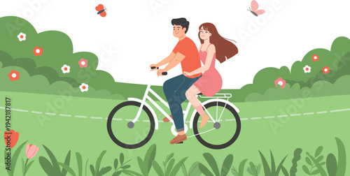 Couple Riding Bicycle Together in Green Summer Park Flat Vector Illustration