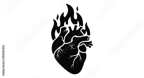 Anatomical heart silhouette burns fiercely atop with stylized black flame elements.