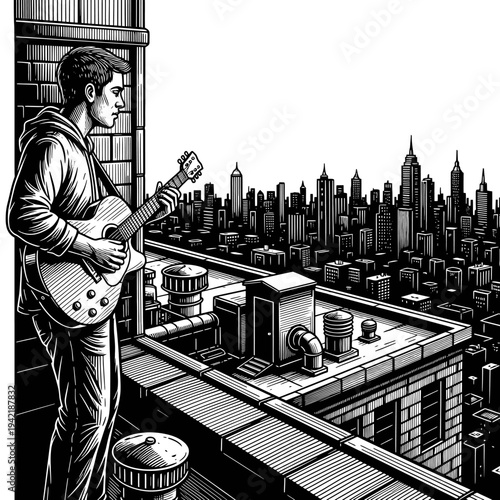 A young musician, lost in melody, plays his electric guitar on a city rooftop, overlooking the sprawling urban skyline at dusk, capturing a moment of creative urban solitude