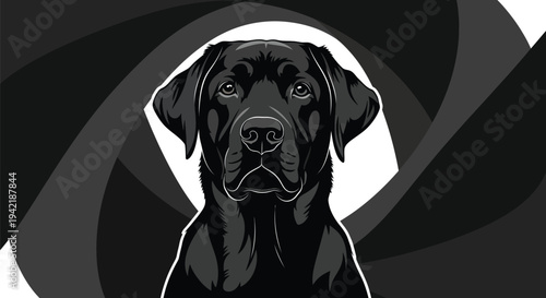 Black Labrador retriever portrait is centered within a swirling camera aperture.