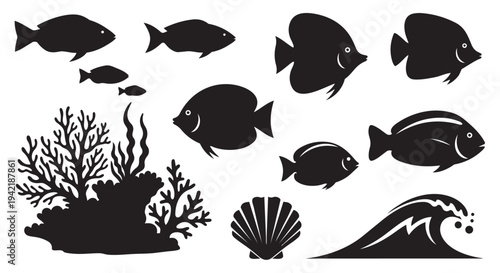 Collection of underwater marine life elements including fish, coral, seashell, and ocean wave silhouettes