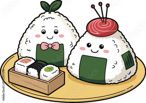 Cute Onigiri Rice Ball Characters with Sushi Rolls Japanese Food Cartoon Vector