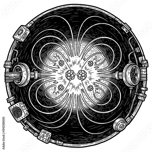 Abstract representation of atomic fusion process with energy release and containment machinery