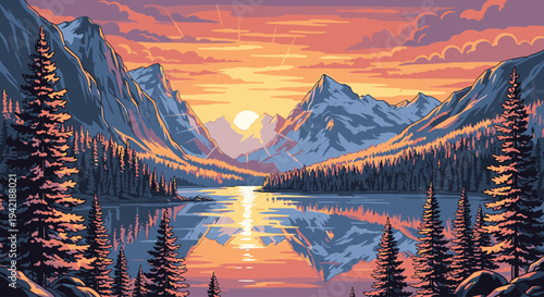 Vibrant sunset over a serene lake surrounded by snow-capped mountains and evergreen trees with warm orange and purple hues reflecting on the water.