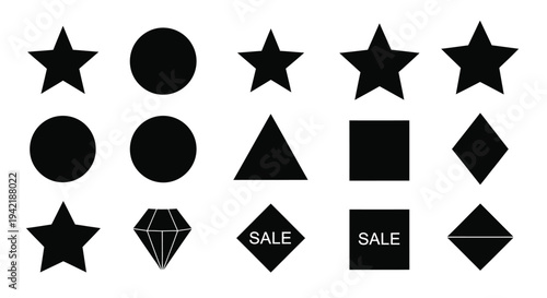Geometric shapes including stars, circles, diamonds, and squares are displayed against.