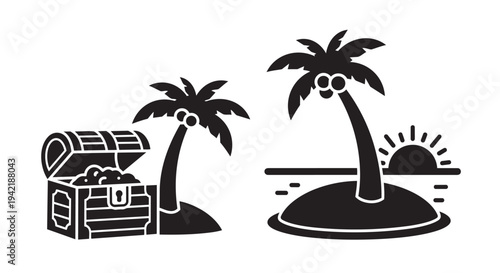 Treasure chest and palm trees on island illustration with ocean and sunset in simple style design