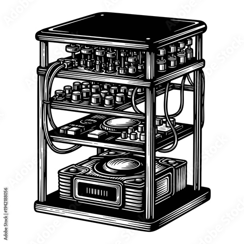 Detailed illustration of a retro electronic synthesizer with multiple levels and controls