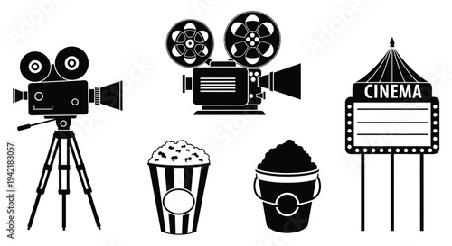 Assortment of classic movie equipment includes two film cameras and a cinema marquee.