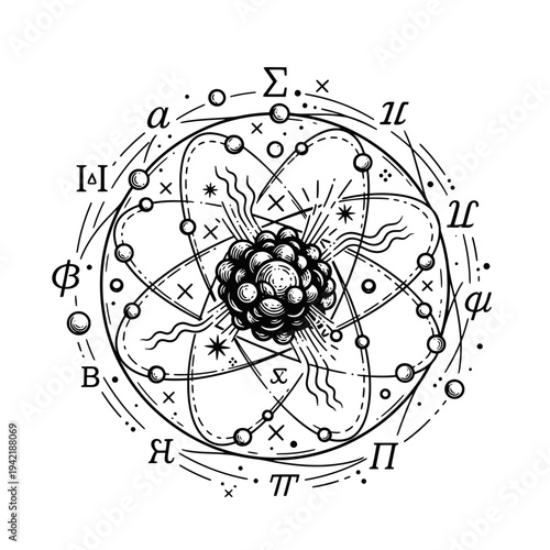 Abstract scientific illustration of atomic structure with orbiting particles and Greek letters, symbolizing physics and cosmology