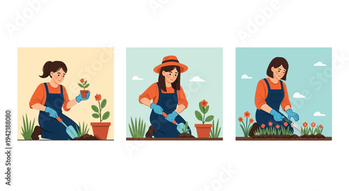 Gardener wearing overalls and gloves performs three different detailed actions.
