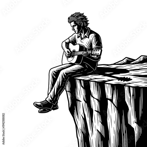 A solitary musician finds a moment of expressive freedom and deep contemplation while playing an acoustic guitar on the dramatic precipice of a rugged cliff