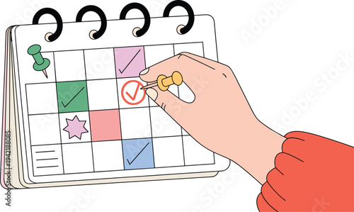 Hand Pinning a Note on a Calendar Planner, Concept of Effective Time Management, Scheduling Business Appointments, Project Deadline Tracking, and Organized Personal Routine Vector Illustration