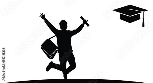 Graduate student silhouette jumps excitedly celebrating academic achievement with.