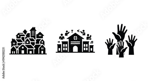 Set of three icons depicting community housing, public building, and many raised hands.