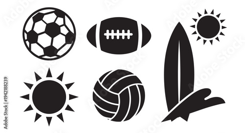 Collection of sports equipment icons including soccer ball, football, and volleyball with sun symbols and surfboard