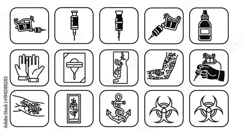 Collection of professional tattoo artistry tools and biohazard icons displayed neatly.