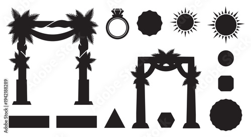 Collection of wedding ceremony decoration elements and graphic shapes in black silhouette style