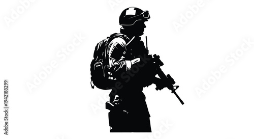 Soldier silhouette stands ready holding an automatic weapon with tactical gear.