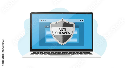 Laptop with shield icon on screen, cybersecurity concept