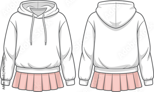Fashion vector illustration of white oversized hoodie and pink pleated mini skirt showing front and back views for creative apparel.