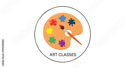 Colorful art classes logo with paint palette and brush
