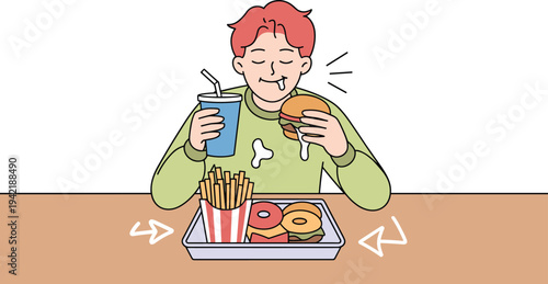 Hungry Young Man Eating Fast Food Meal, Concept of Unhealthy Junk Food Diet, Binge Eating Habit, Overeating Calories, and Gluttony Lifestyle Vector Illustration