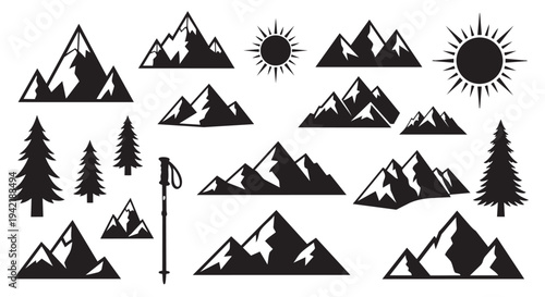 Collection of mountain landscape elements in vector graphic design for outdoor adventure themes