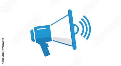 Blue megaphone icon with sound waves on white background