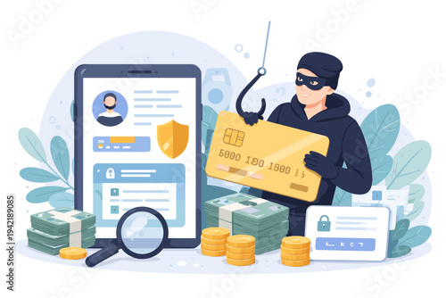 Cybercrime and Identity Theft Concept with a Hacker Stealing Credit Card Data from a Smartphone, Financial Fraud Illustration with Money, Magnifying Glass, and Security Shield Icons.