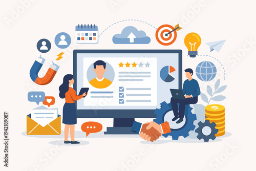 CRM customer relationship management concept with business people using digital technology for marketing strategy, data analysis, client service, and sales growth. Flat vector illustration.