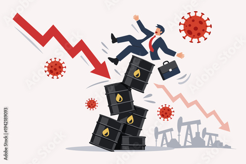Oil and energy price crash concept with businessman falling from oil barrels due to Coronavirus COVID-19 pandemic crisis, financial market collapse, economic uncertainty and global recession.