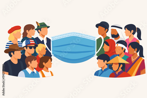 Vector illustration of diverse people from various cultures and nationalities separated by a large surgical face mask, symbolizing global pandemic impact, social distancing and health safety.