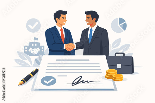 Businessmen Shaking Hands to Seal a Deal Standing Behind a Signed Legal Contract Document with a Pen, Gold Coins, and Briefcase, Symbolizing Successful Partnership, Agreement, and Collaboration.