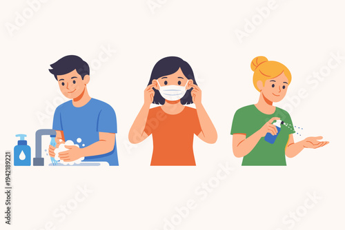 Vector Illustration of People Practicing Hygiene: Man Washing Hands with Soap, Woman Wearing a Protective Face Mask, and Woman Using Hand Sanitizer Spray for Virus Prevention and Personal Safety