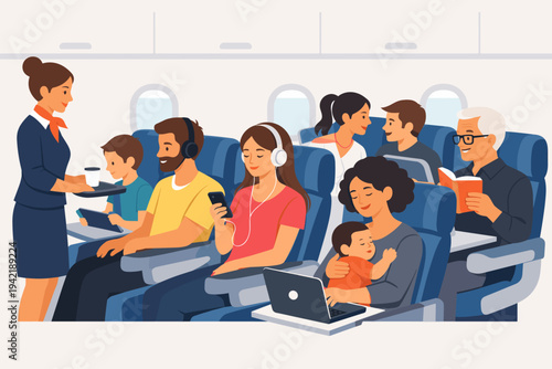 Flat vector illustration of diverse passengers inside an airplane cabin during a flight. A flight attendant serves coffee while travelers listen to music, work on laptops, read, and relax.